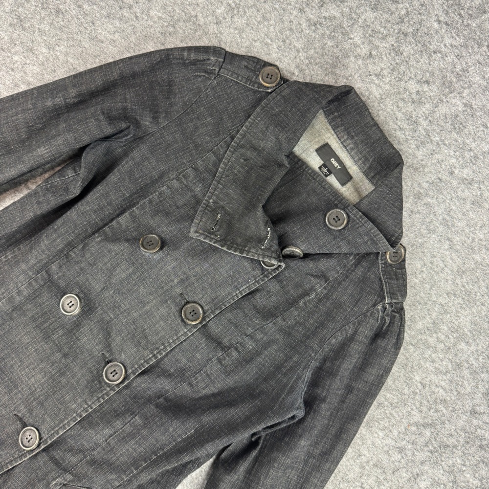 Obey Womens Black Slub Denim Double Breasted Military Jacket Coat Size Large